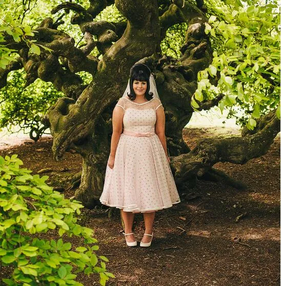 1950s Vintage Short Pink Polka Dot Retro Wedding Dress Tea Length,20111658