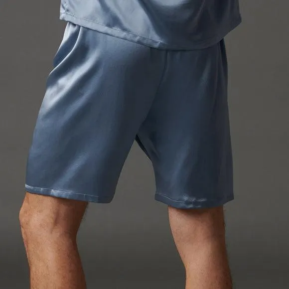 22 Momme Haze Blue Silk Tank & Shorts Set  For Men 100% Pure Silk Sleepwear For Summer