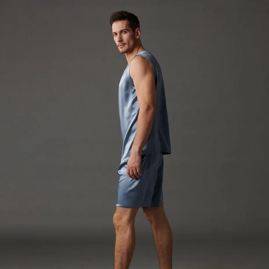 22 Momme Haze Blue Silk Tank & Shorts Set  For Men 100% Pure Silk Sleepwear For Summer