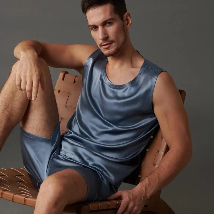 22 Momme Haze Blue Silk Tank & Shorts Set  For Men 100% Pure Silk Sleepwear For Summer