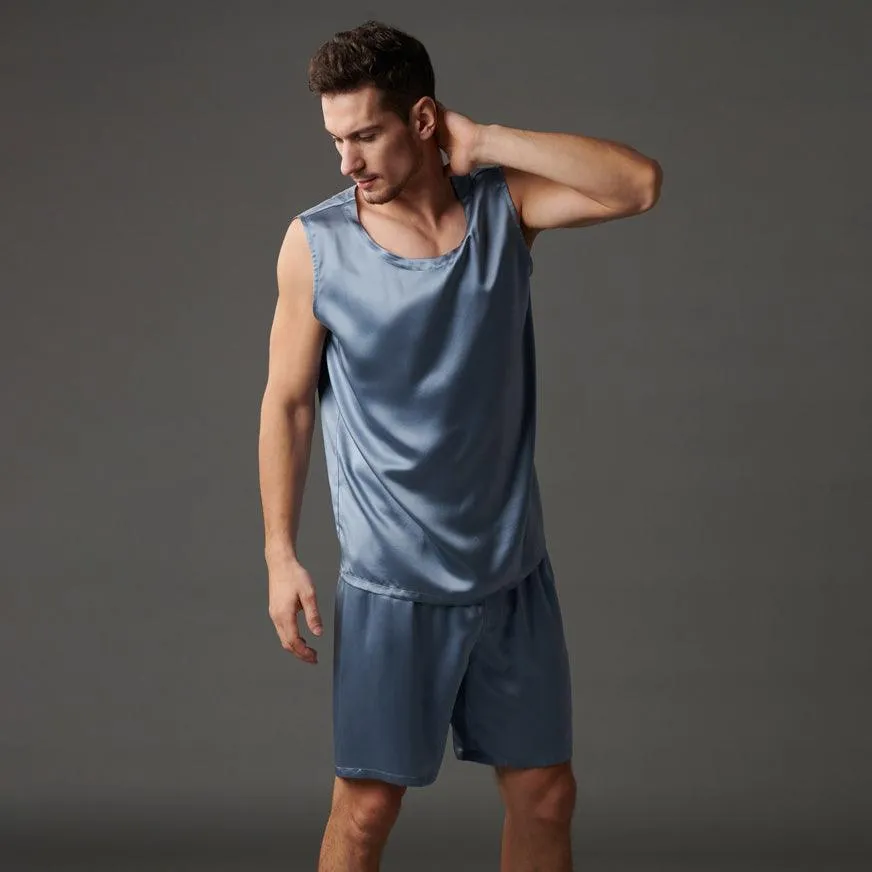 22 Momme Haze Blue Silk Tank & Shorts Set  For Men 100% Pure Silk Sleepwear For Summer