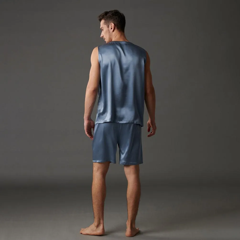 22 Momme Haze Blue Silk Tank & Shorts Set  For Men 100% Pure Silk Sleepwear For Summer