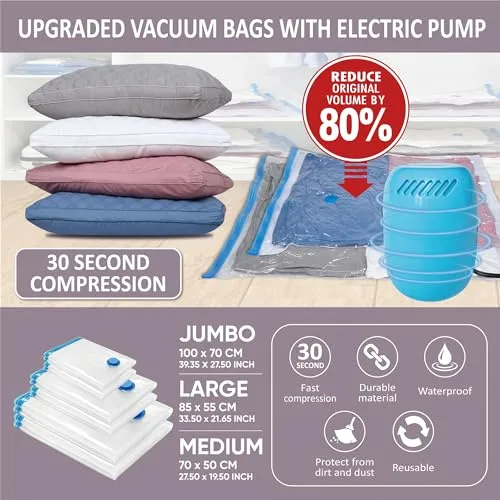 25 Vacuum Storage Bags with Electric Pump, Vacuum Sealed Storage Bags (4Jumbo/4Large/8Medium/9Small), Space Saver Vacuum Seal Bags for Clothing, Comforters, Pillows, Towel, Blanket Storage, Bedding