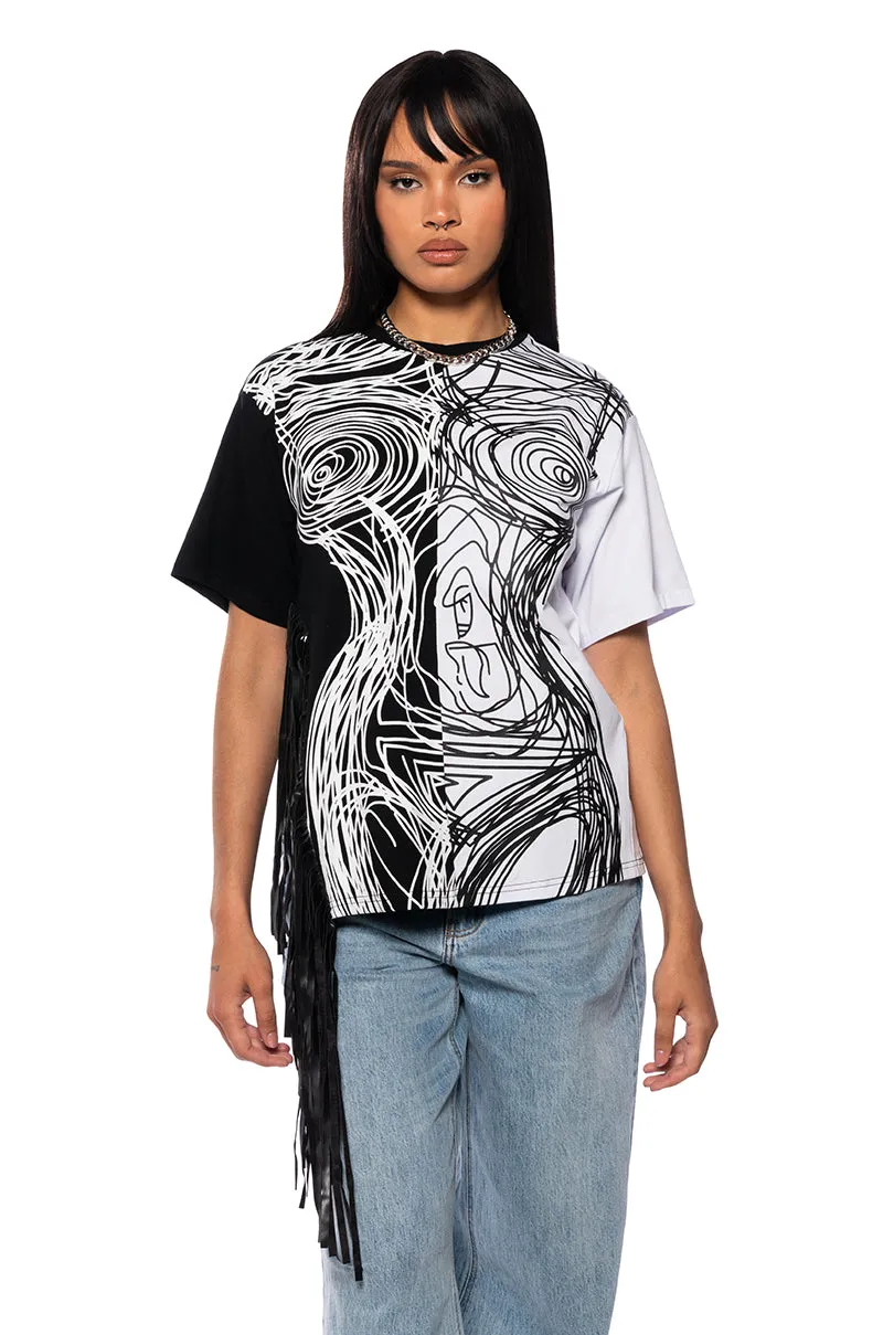 ABSTRACT FRINGE DETAIL OVERSIZED T SHIRT