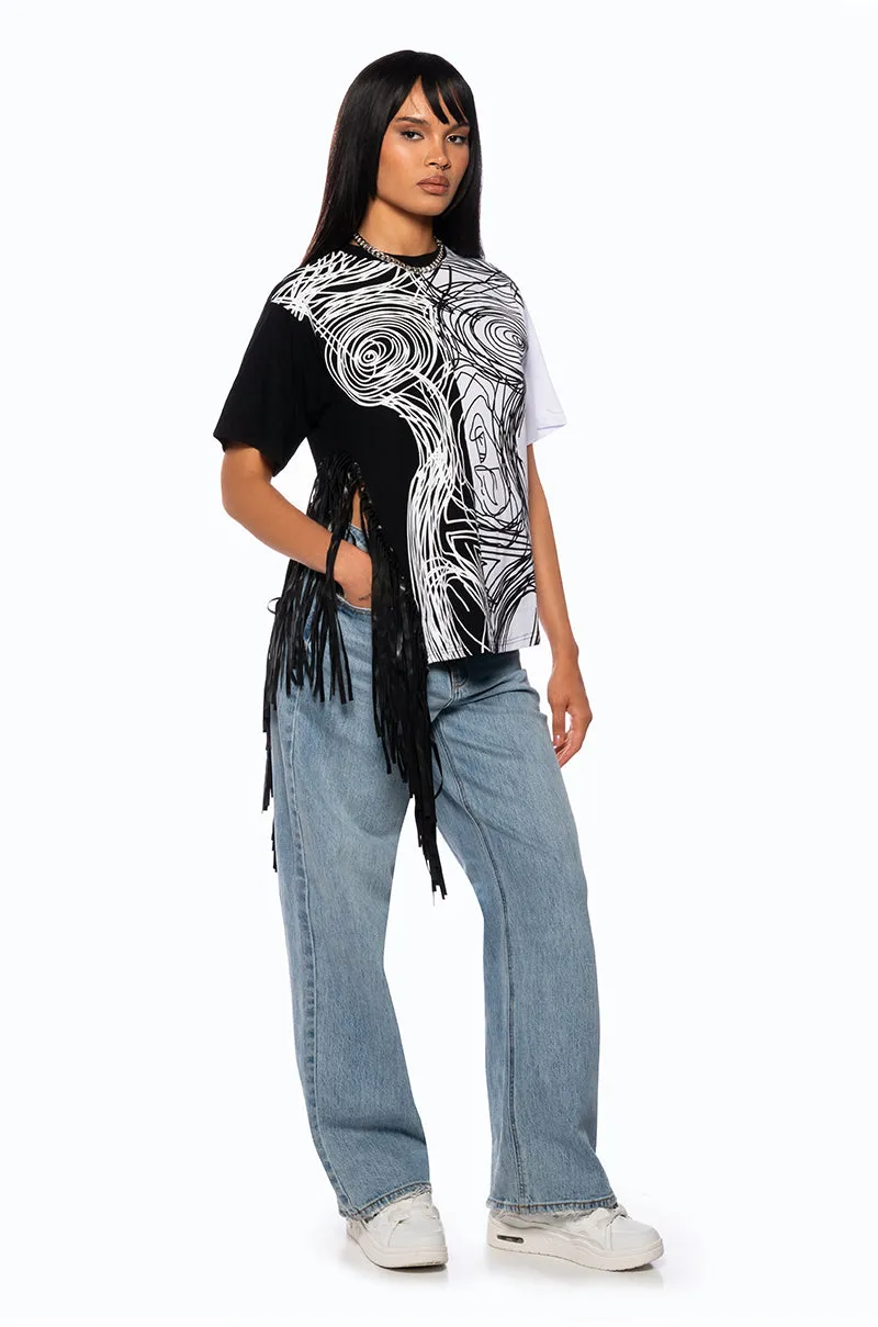 ABSTRACT FRINGE DETAIL OVERSIZED T SHIRT