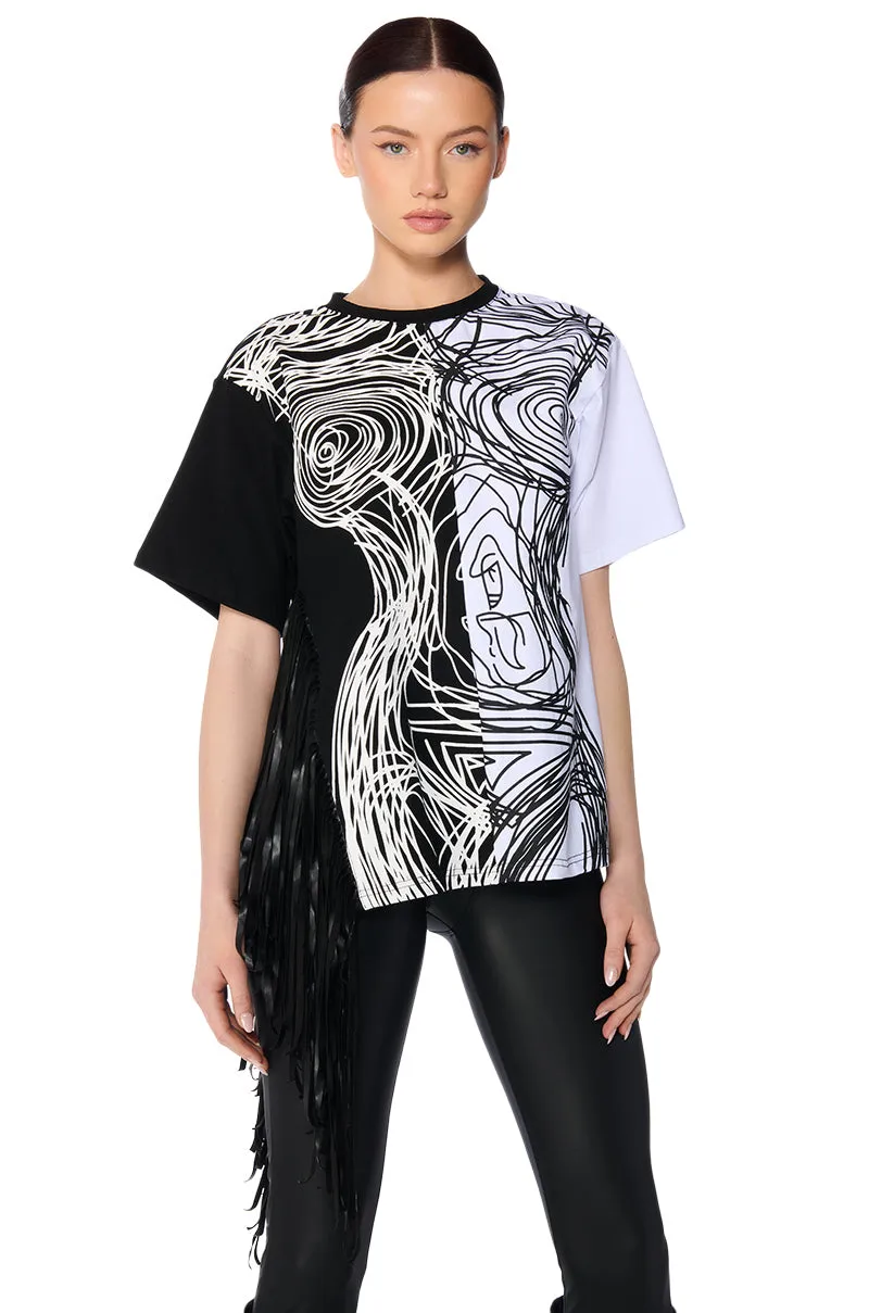 ABSTRACT FRINGE DETAIL OVERSIZED T SHIRT