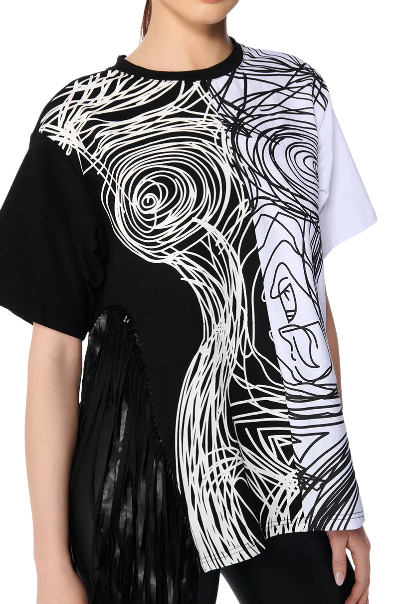 ABSTRACT FRINGE DETAIL OVERSIZED T SHIRT