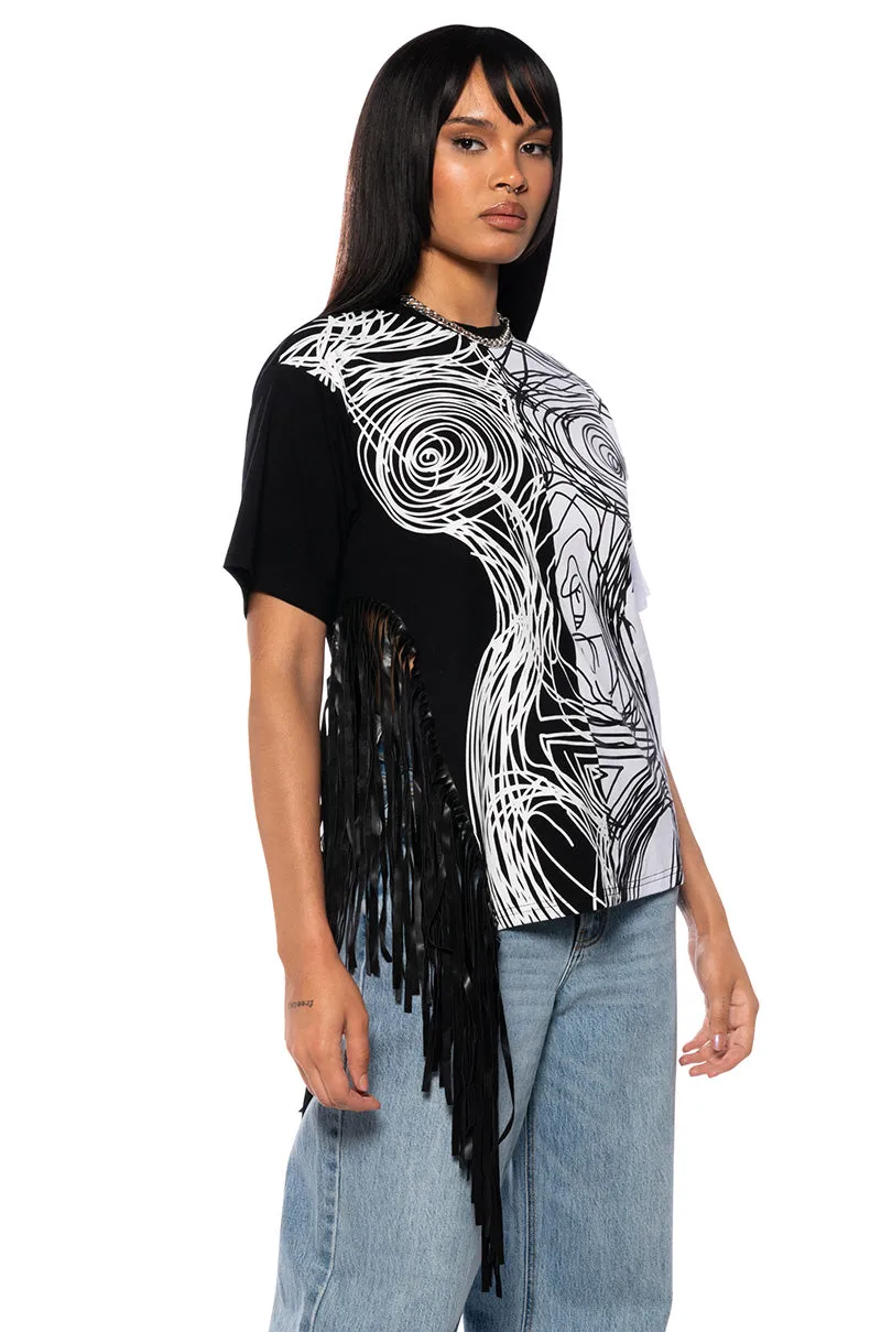 ABSTRACT FRINGE DETAIL OVERSIZED T SHIRT