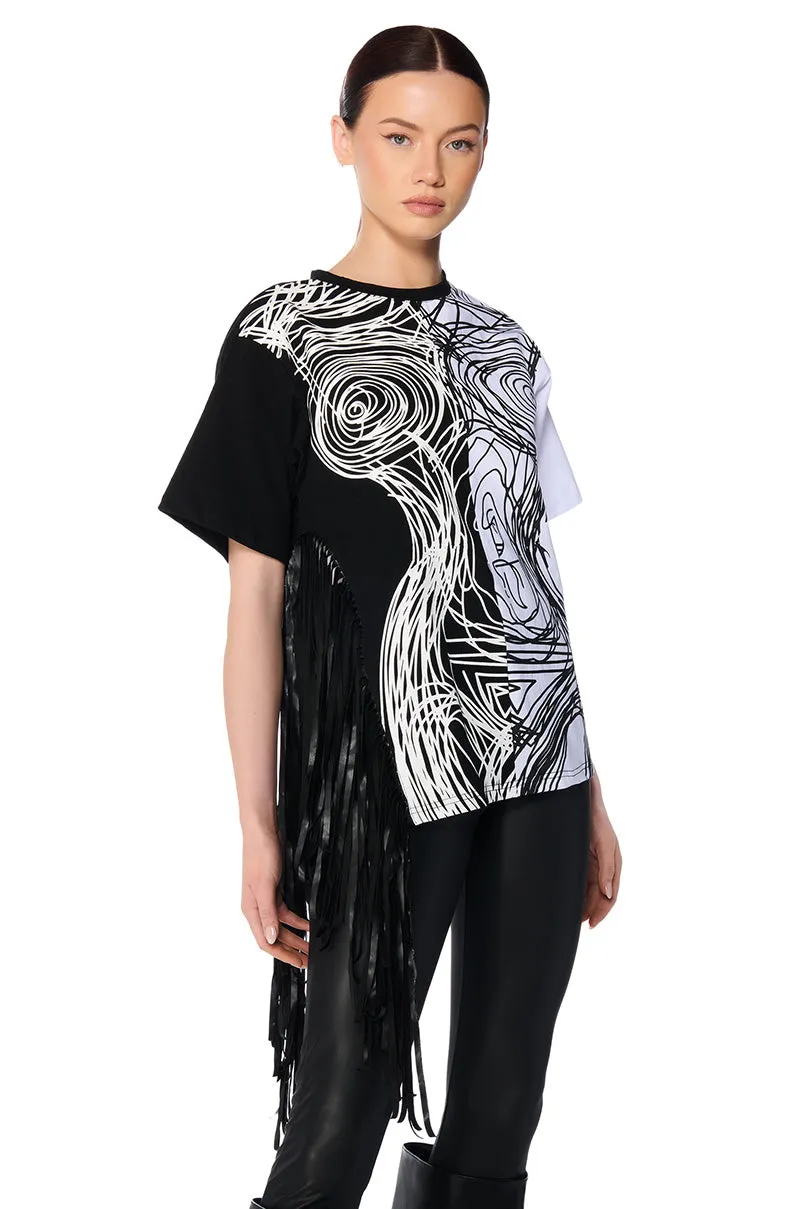 ABSTRACT FRINGE DETAIL OVERSIZED T SHIRT