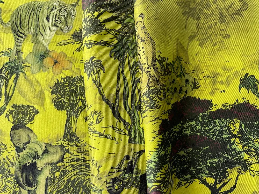 African Veld Gentle Creatures Toile on Acid Green Silk Twill (Made in Italy)