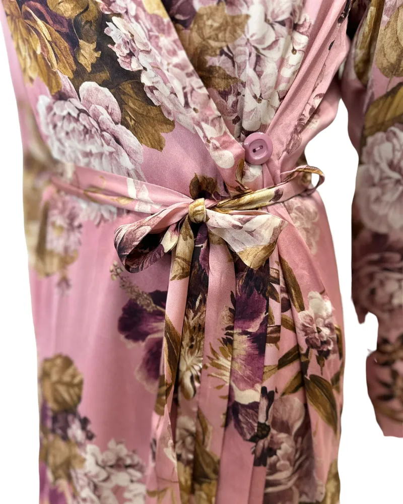 AL958 Satin Mauve Print Wrap Morning Robe