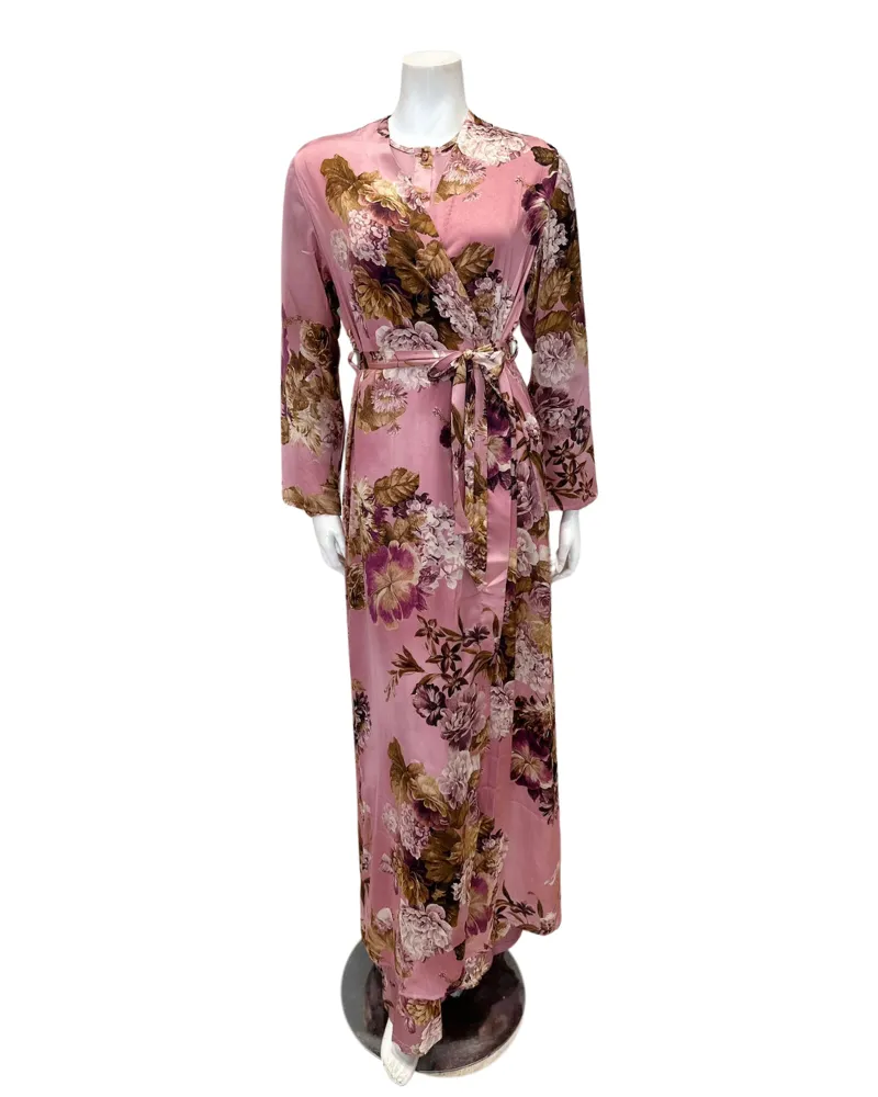 AL958 Satin Mauve Print Wrap Morning Robe