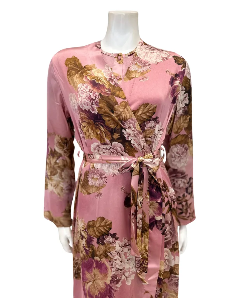 AL958 Satin Mauve Print Wrap Morning Robe