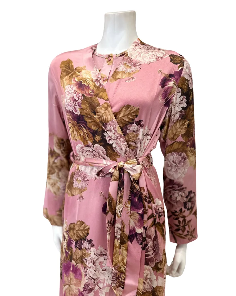 AL958 Satin Mauve Print Wrap Morning Robe