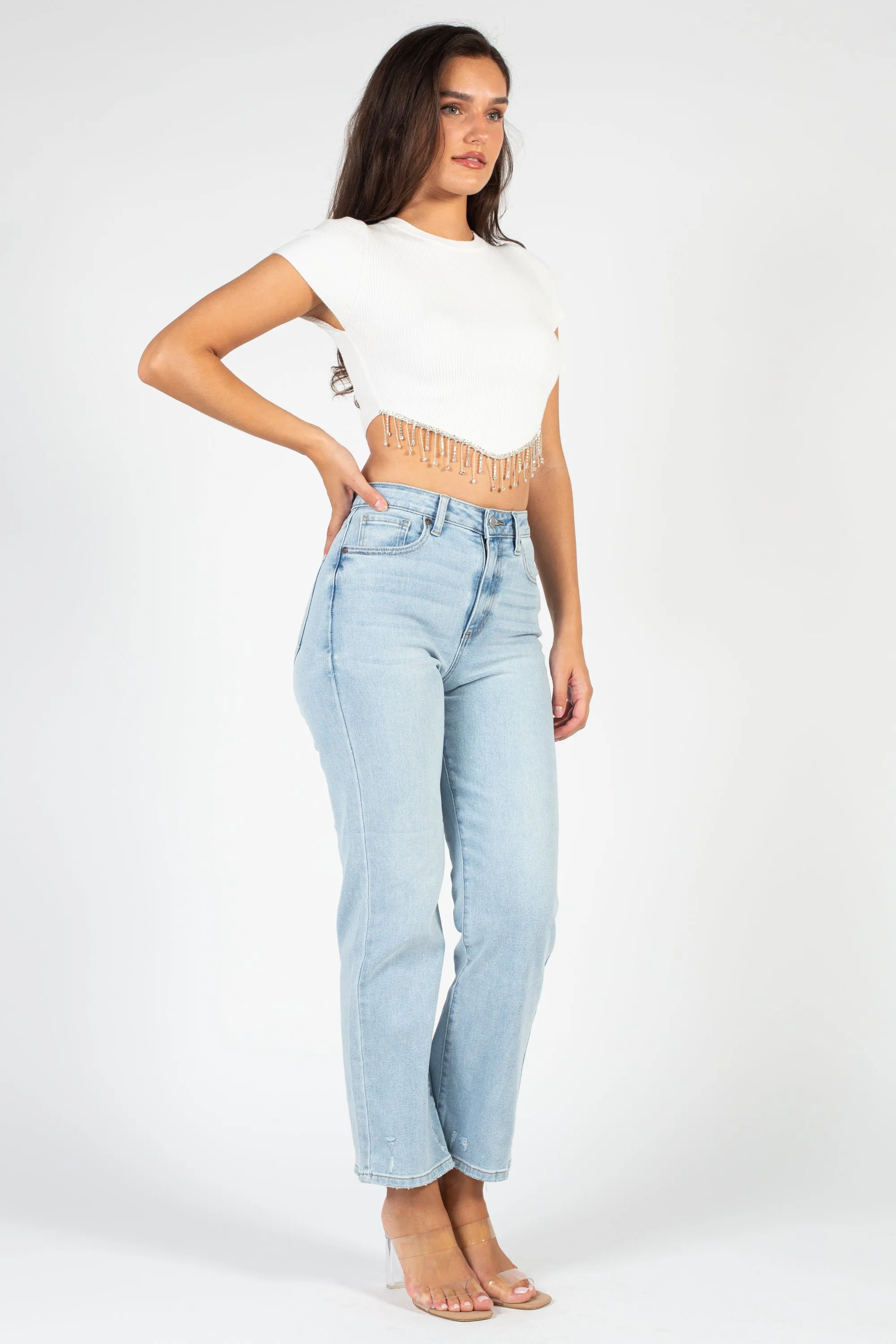 Alessia Rhinestone Fringe Ribbed Knit Crop Top