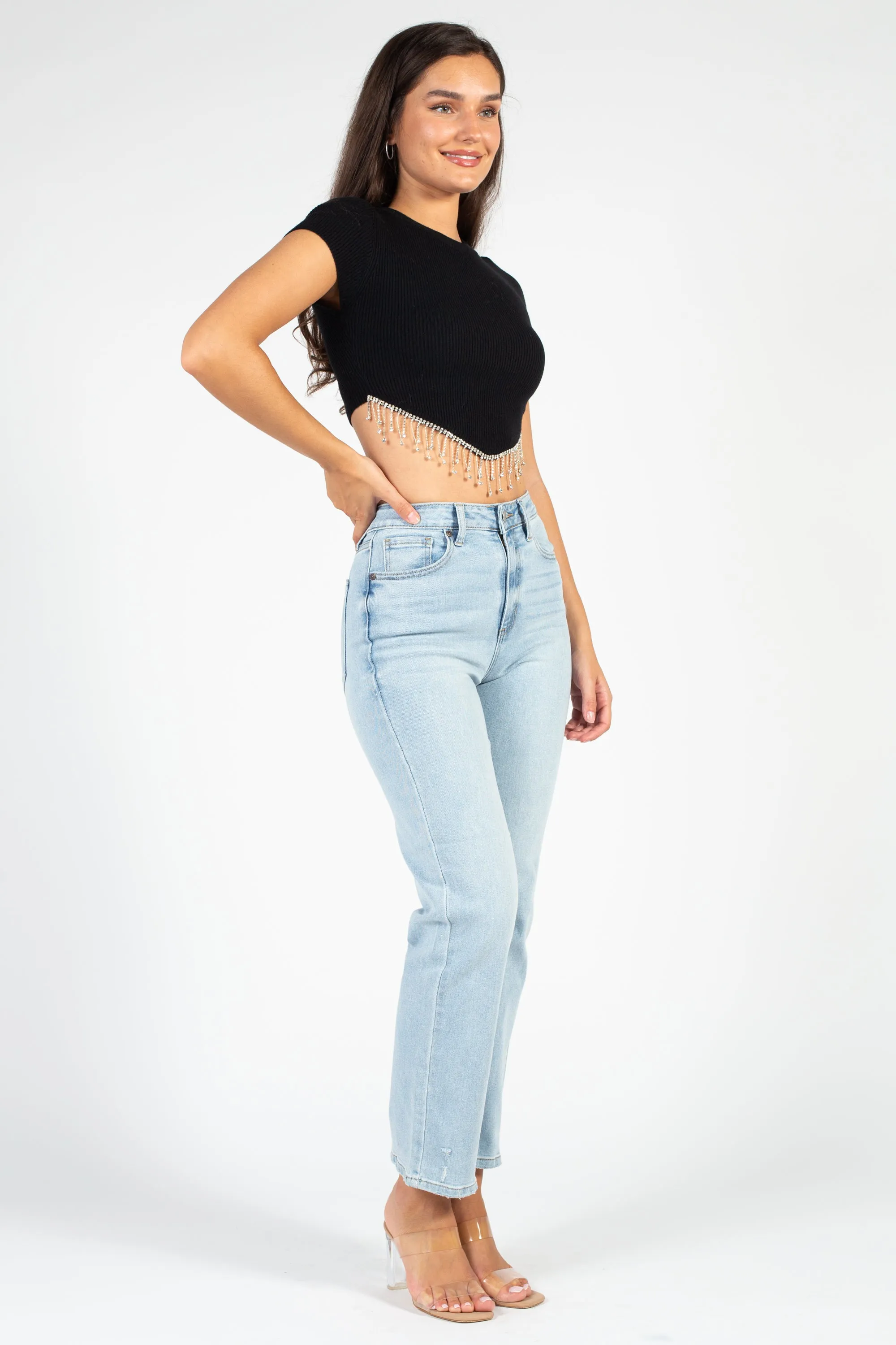 Alessia Rhinestone Fringe Ribbed Knit Crop Top