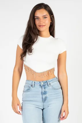 Alessia Rhinestone Fringe Ribbed Knit Crop Top