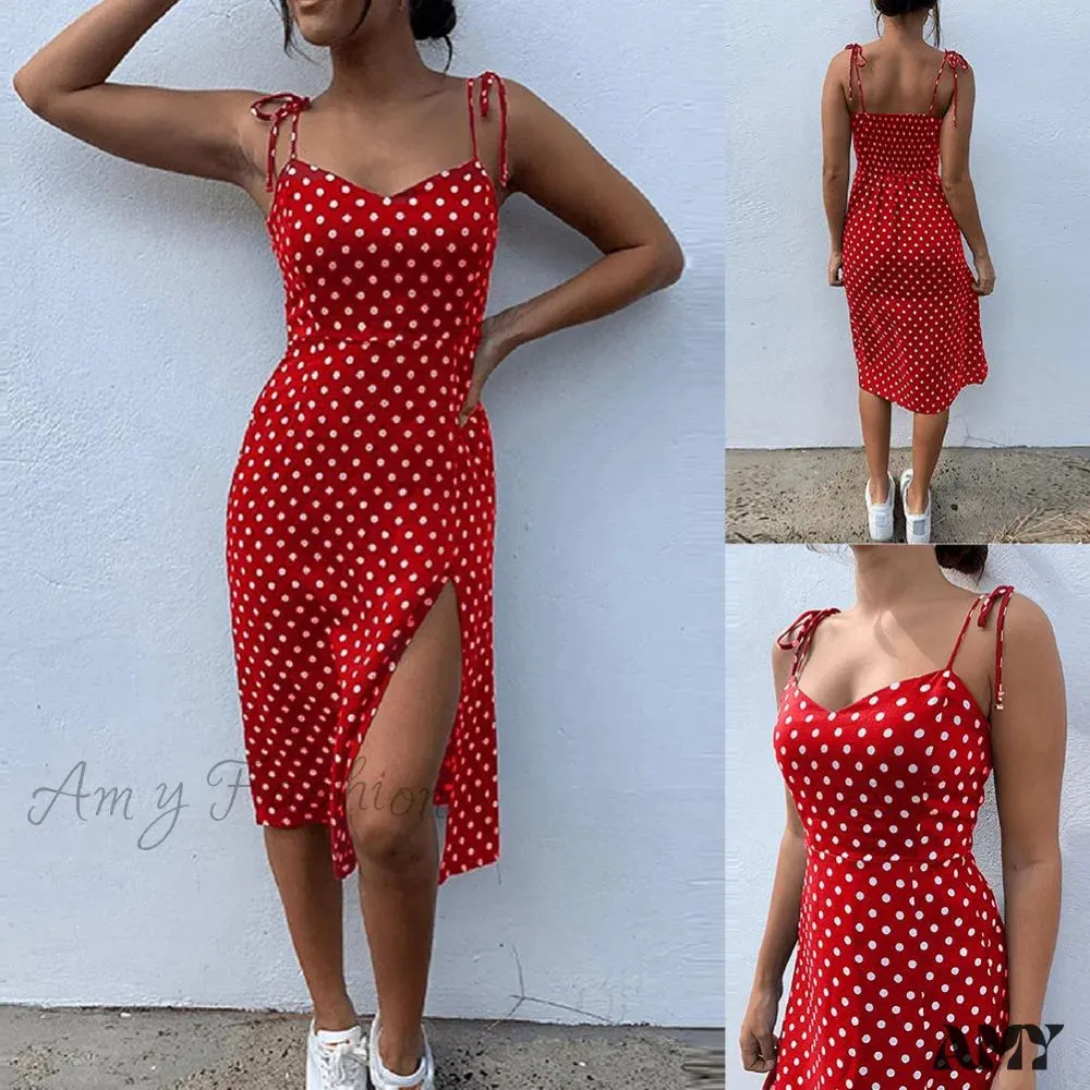 Amy Fashion - Lace Up Polka Dot Split Hem Backless Dress