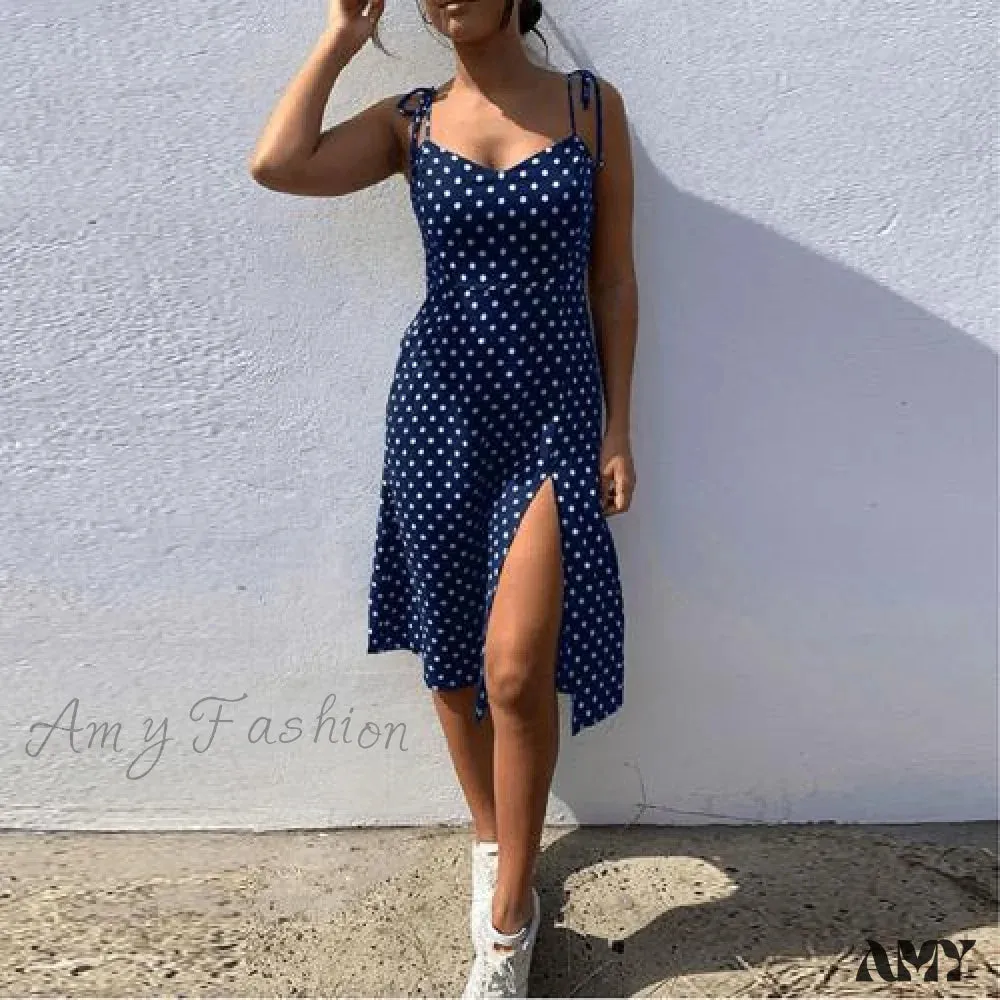 Amy Fashion - Lace Up Polka Dot Split Hem Backless Dress