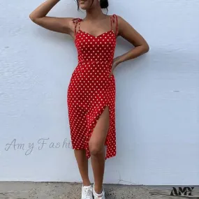 Amy Fashion - Lace Up Polka Dot Split Hem Backless Dress