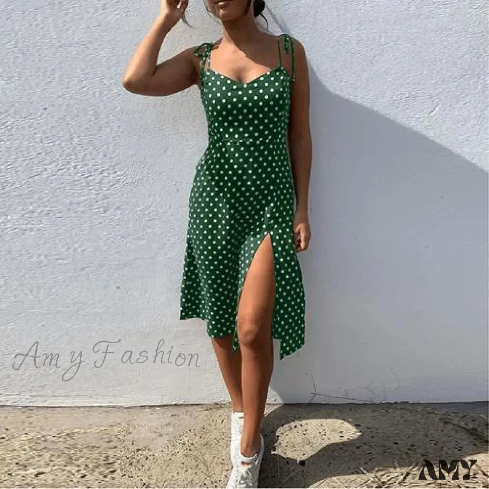 Amy Fashion - Lace Up Polka Dot Split Hem Backless Dress