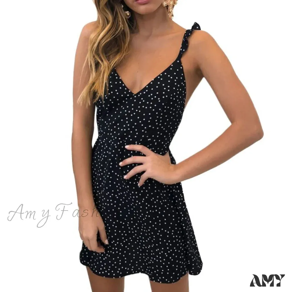 Amy Fashion - Lace Up Polka Dot Split Hem Backless Dress