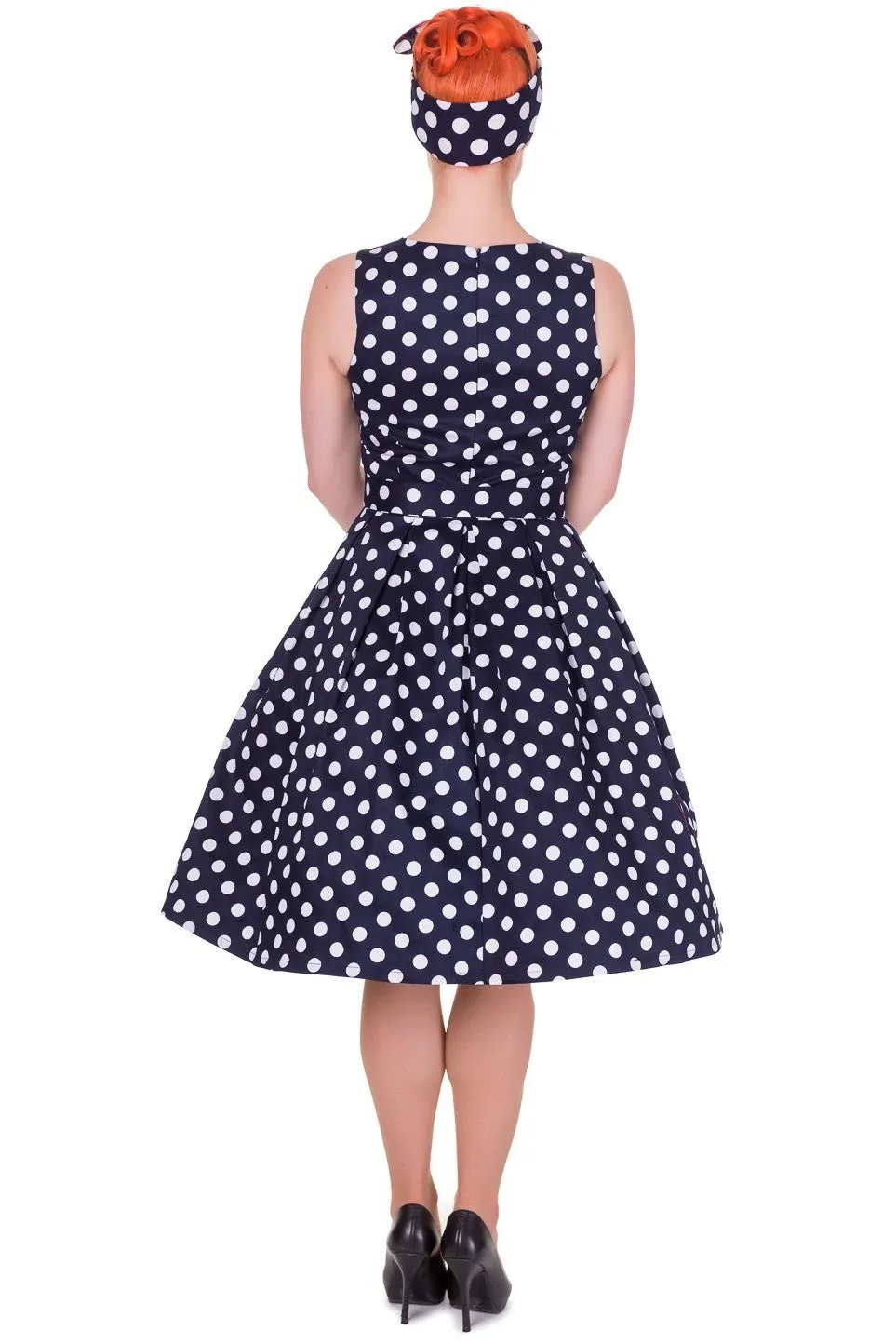 Annie Retro Swing Dress in Navy Blue and White Dots