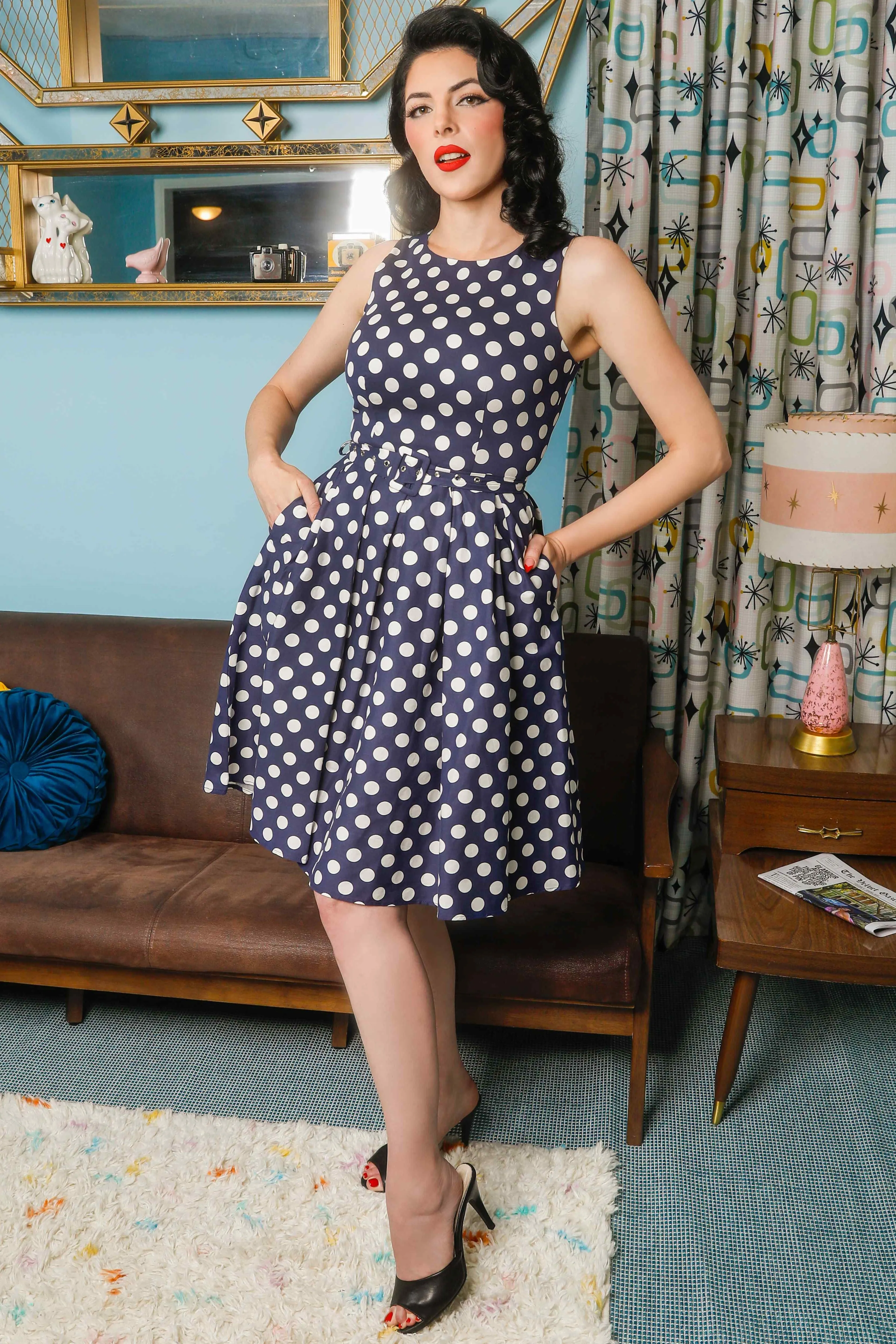 Annie Retro Swing Dress in Navy Blue and White Dots