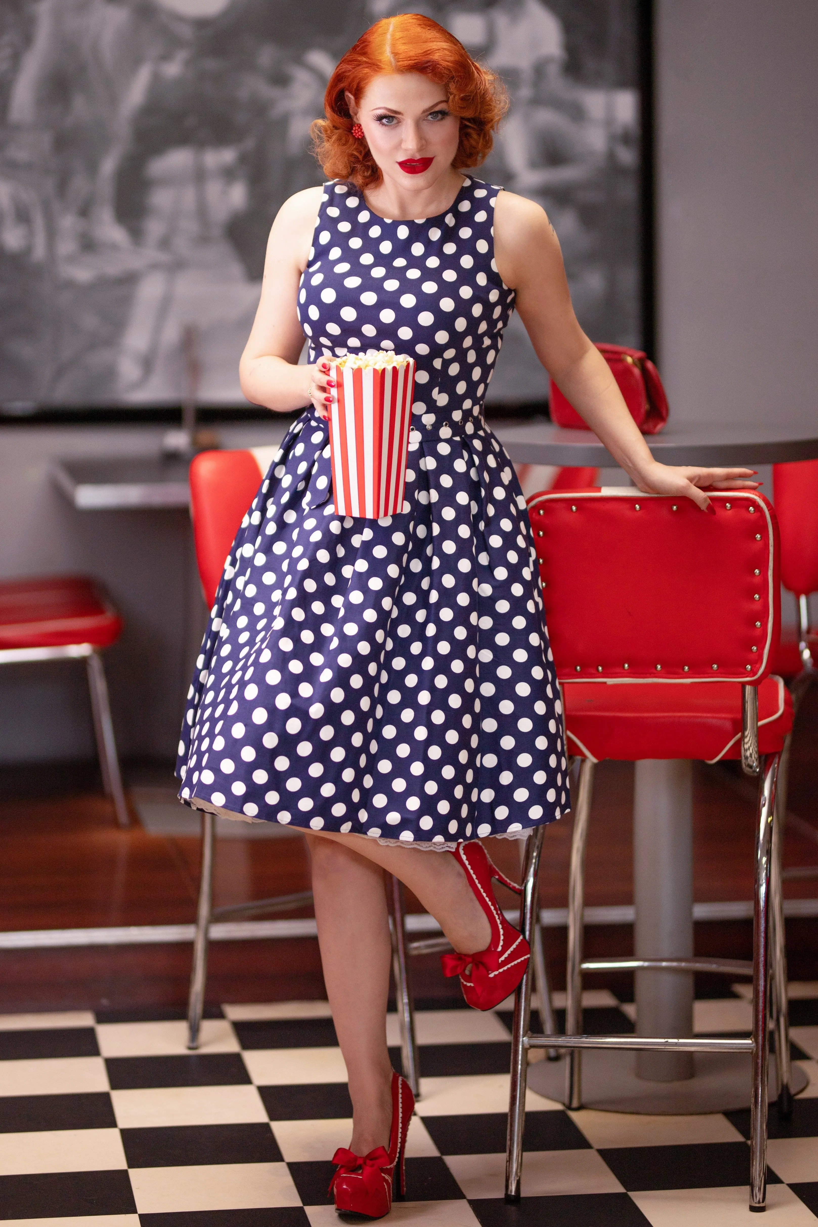 Annie Retro Swing Dress in Navy Blue and White Dots