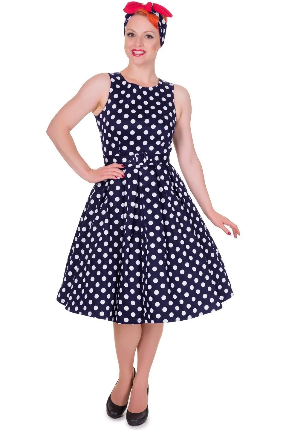 Annie Retro Swing Dress in Navy Blue and White Dots