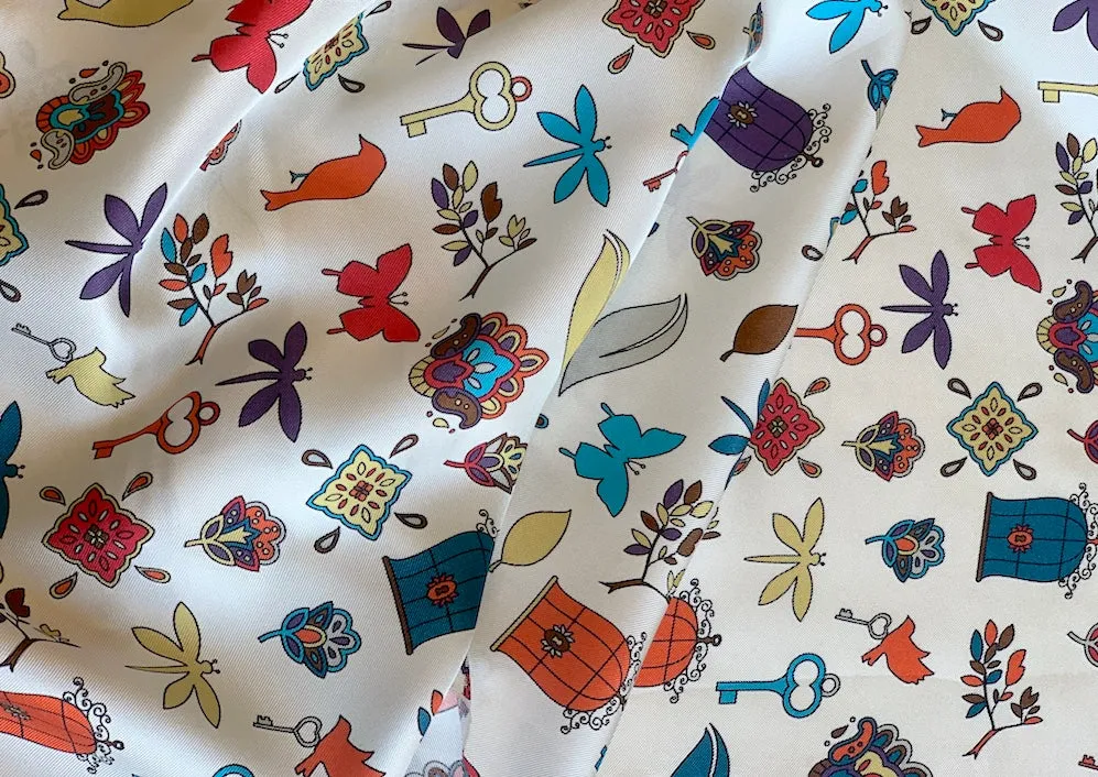 Autumnal Butterflies & Birdcages Charms Silk Twill (Made in Italy)