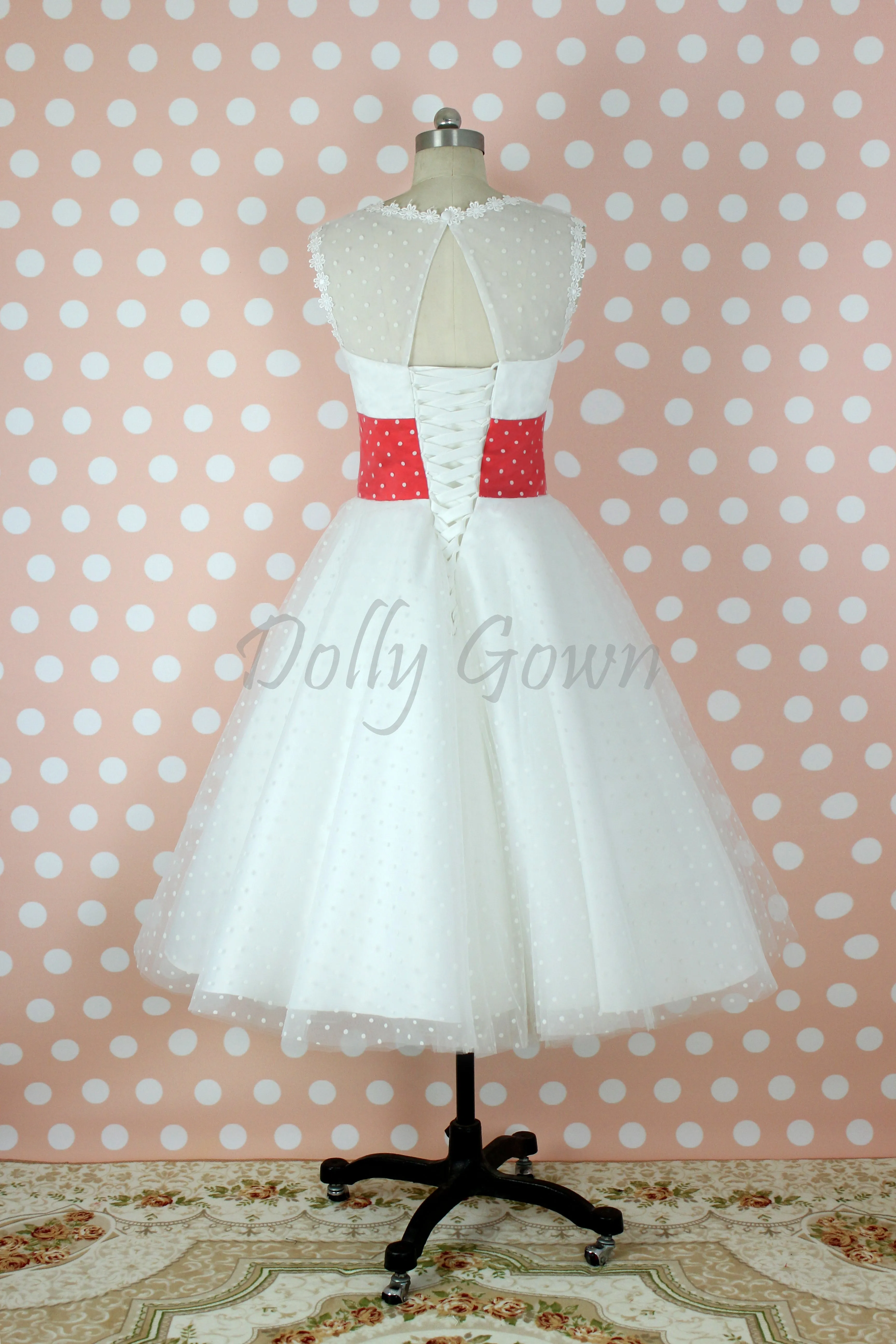 Bateau Polka Dots 50s Style Tea Length Wedding Dress with Red Waist Panel