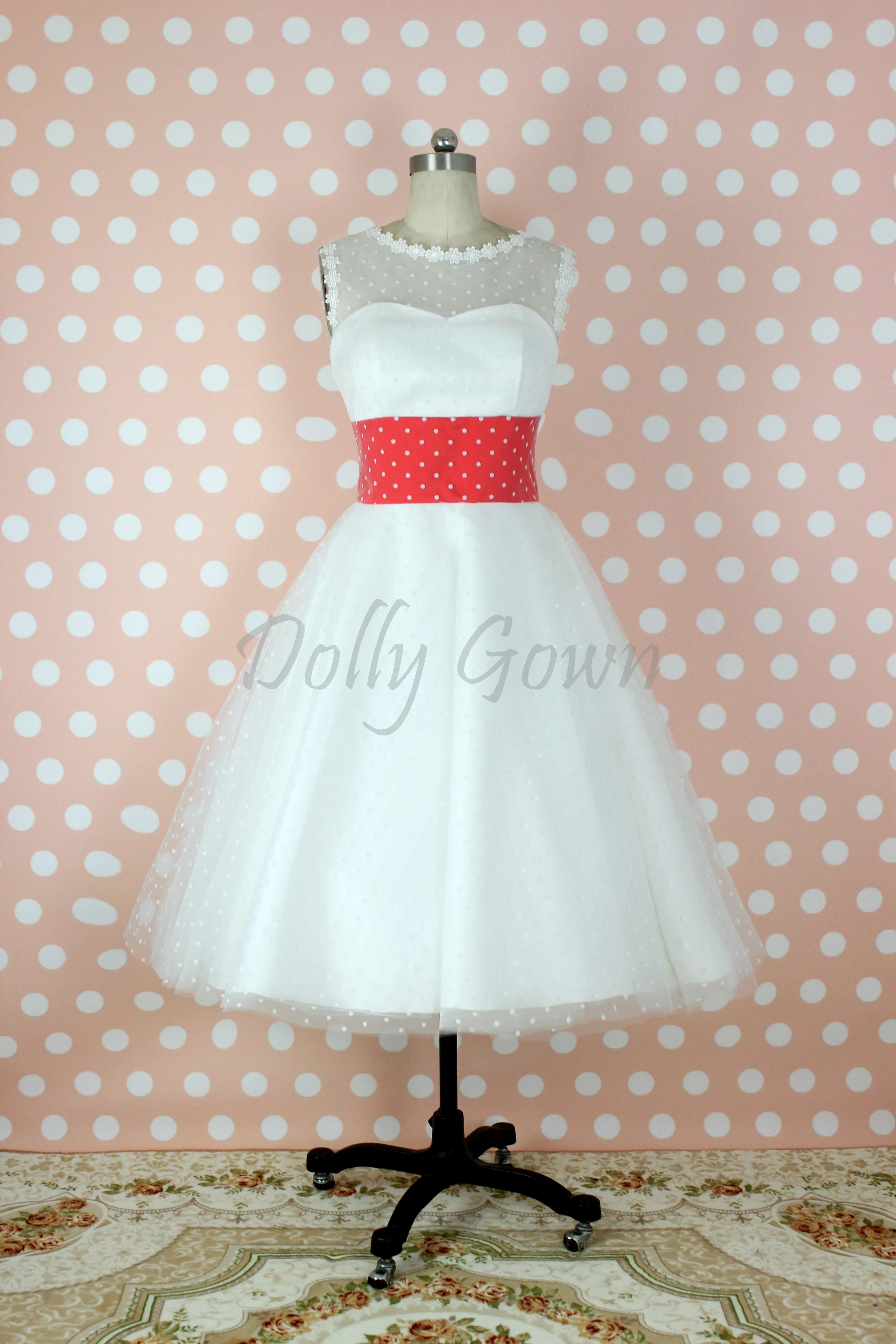 Bateau Polka Dots 50s Style Tea Length Wedding Dress with Red Waist Panel