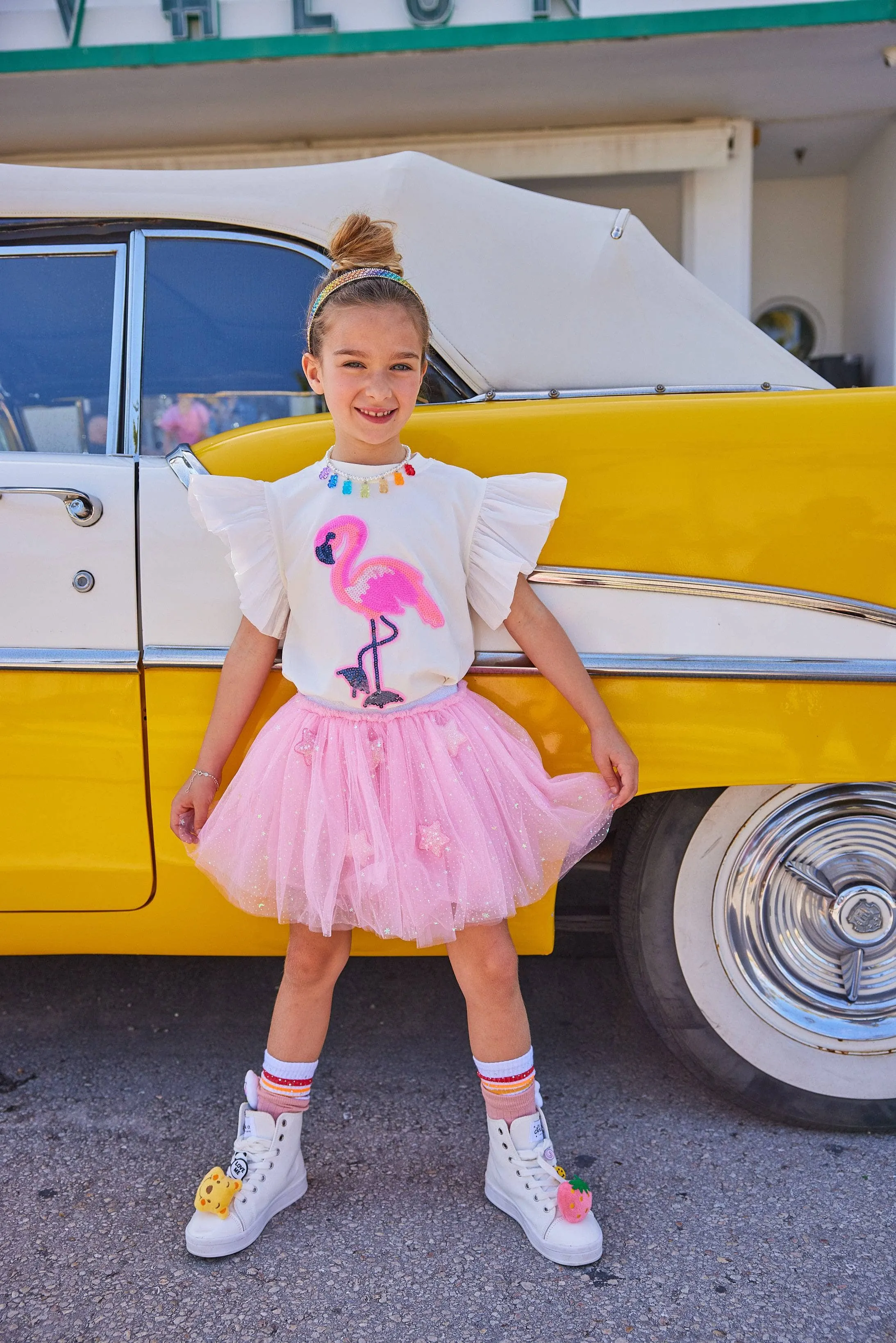 Beaded Flamingo Ruffle T-shirt