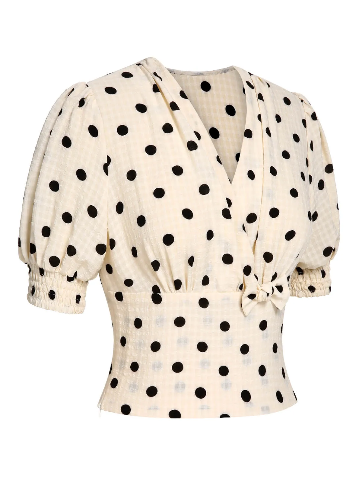 Beige 1940s Dots Bowknot V-Neck Blouse