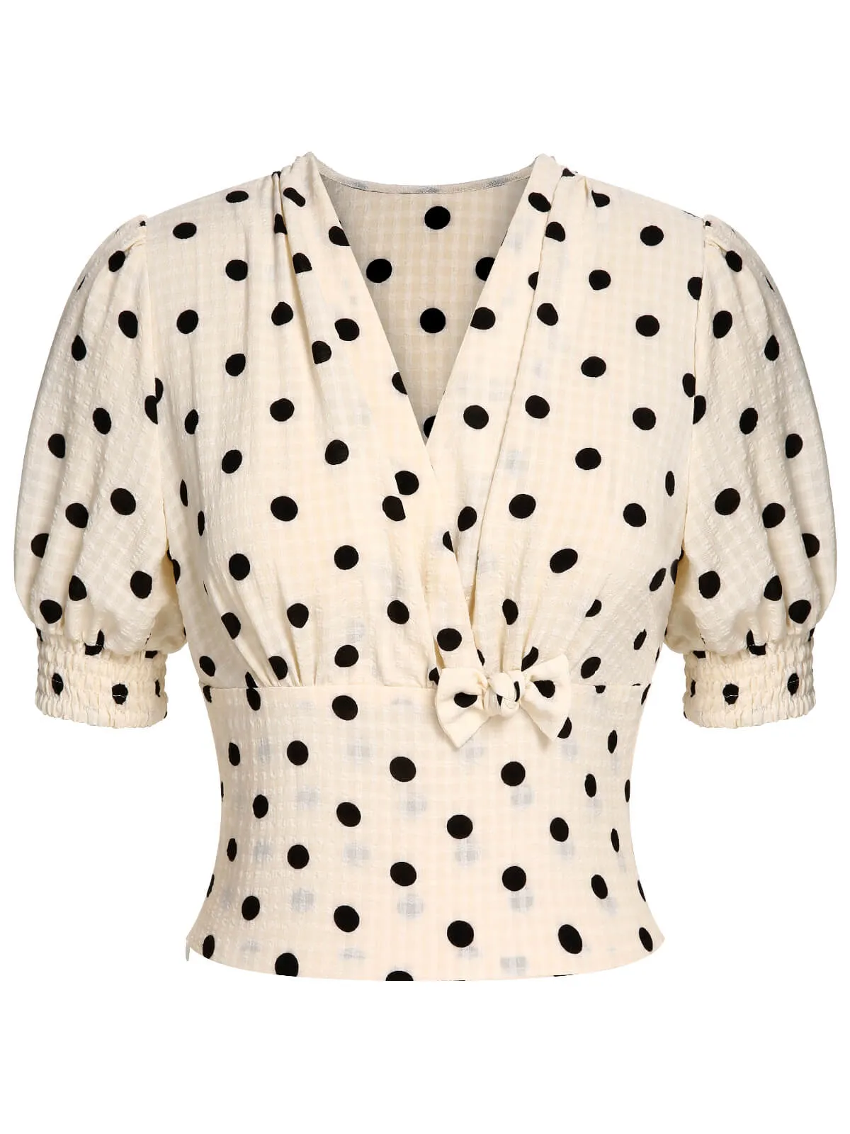 Beige 1940s Dots Bowknot V-Neck Blouse