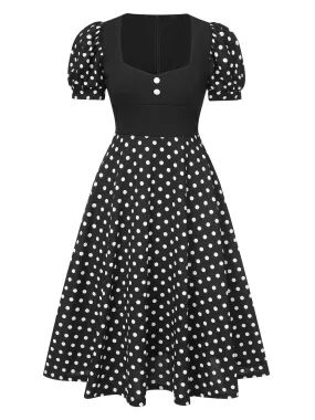 Black 1940s Polka Dot Scoop Neck Patchwork Dress