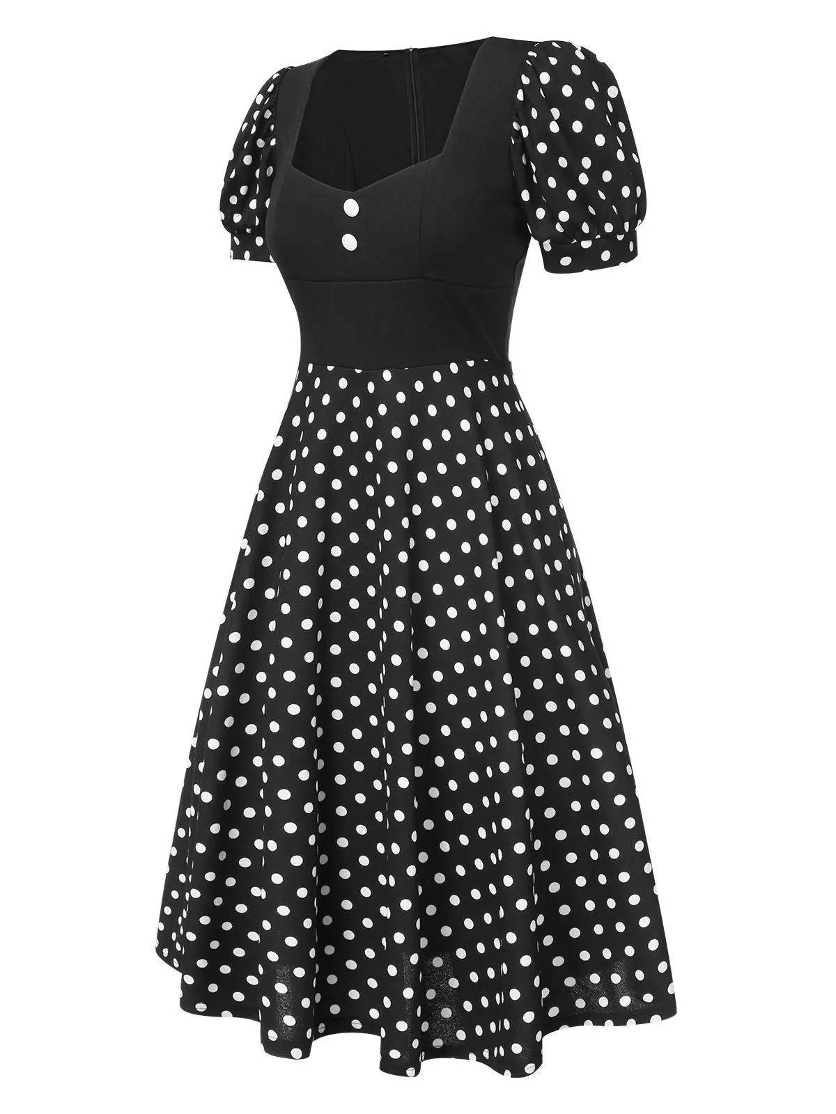 Black 1940s Polka Dot Scoop Neck Patchwork Dress