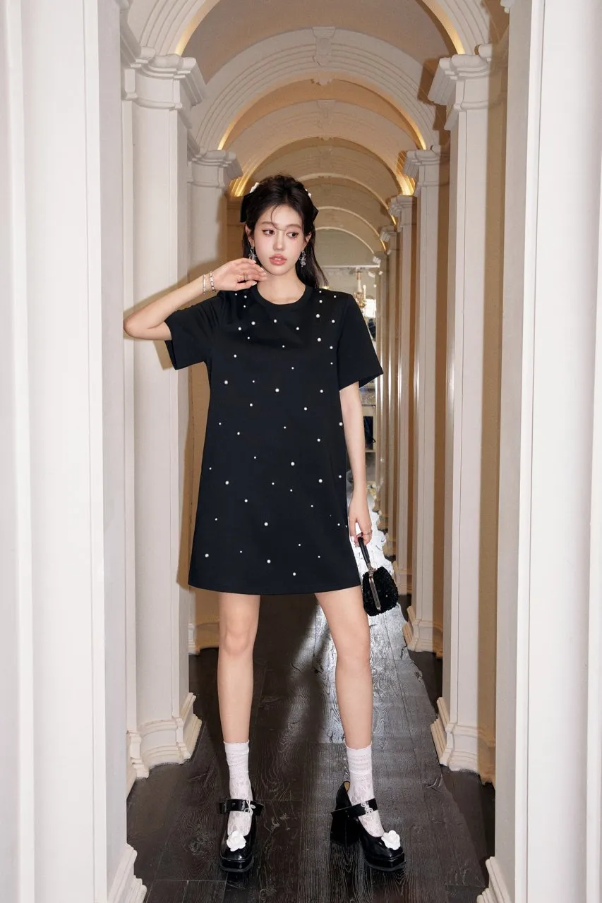 Black Heavy Beaded Short Sleeve Dress