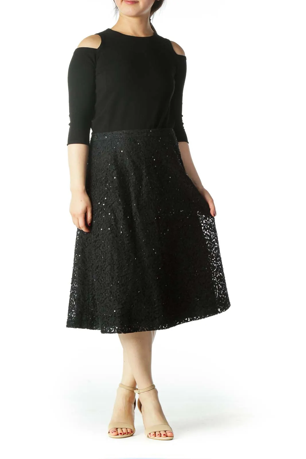 Black Lace Sequined Beaded A-LIne Skirt