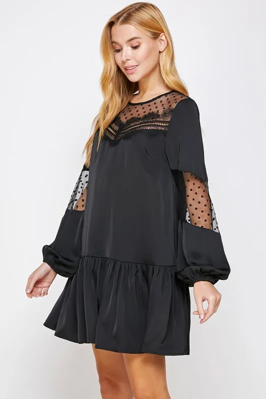 Black Satin Dress With Polka-dot Mesh Trim