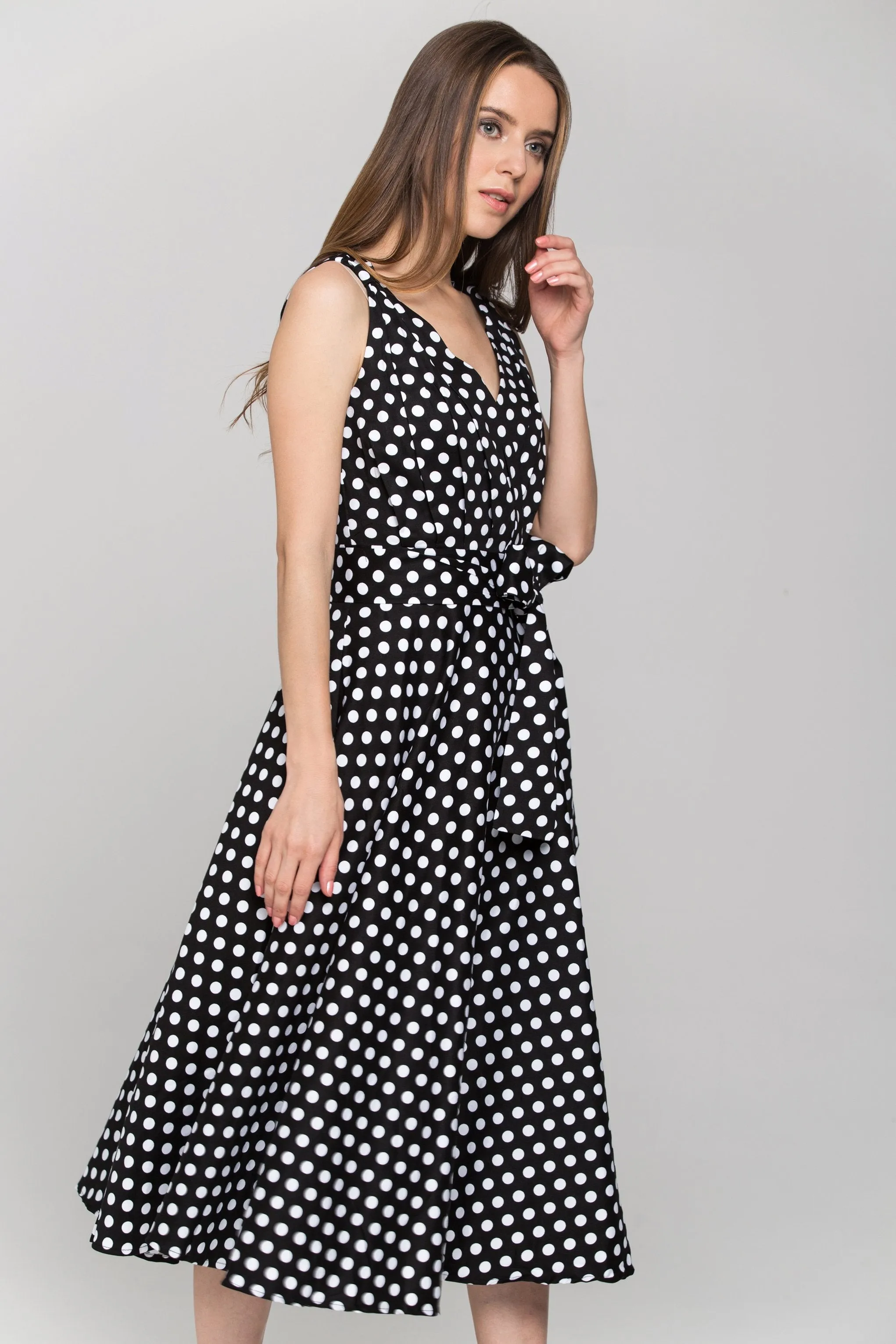 Black Sleeveless Polka dot Midi Dress