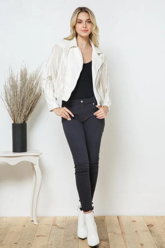 BLUE B Faux Leather Moto Fringe Jacket