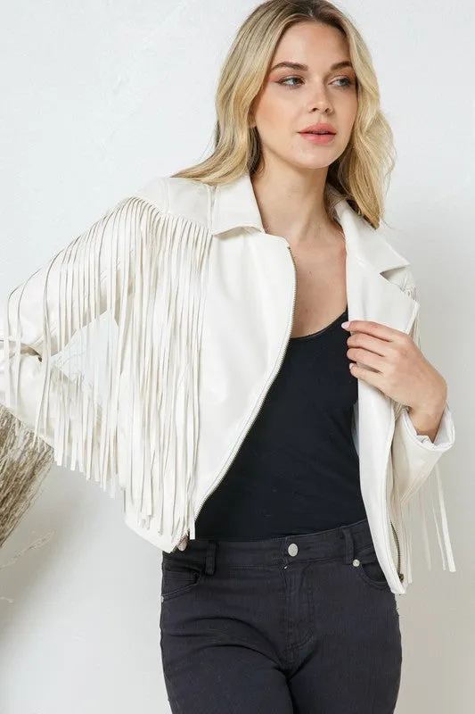 BLUE B Faux Leather Moto Fringe Jacket