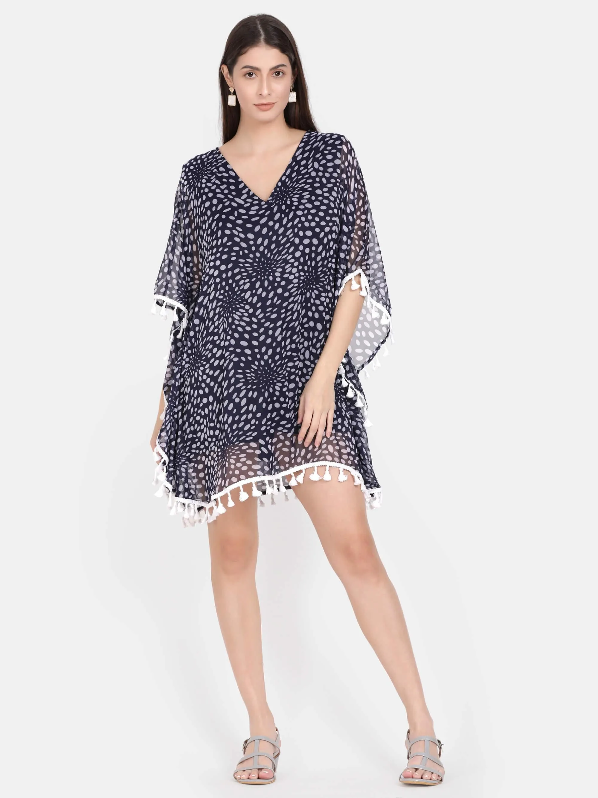 Blue Polka Dot Kaftan Top With Lace Detailing (GBF7011)