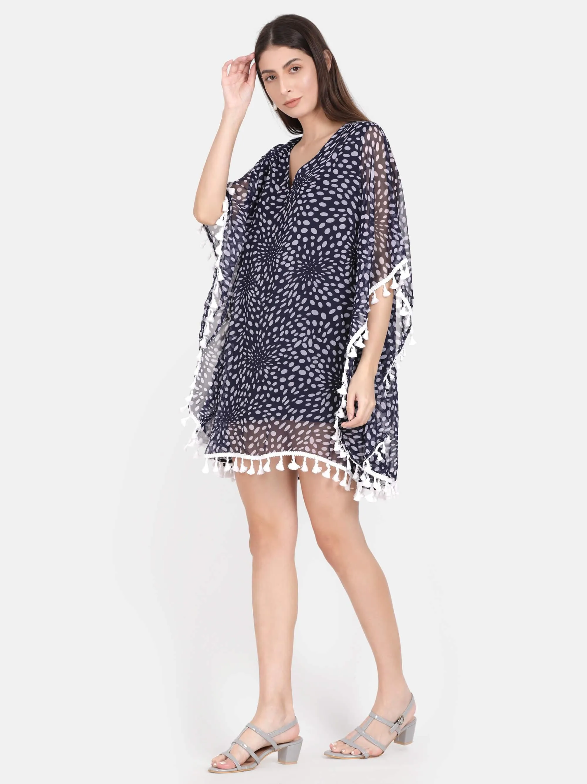 Blue Polka Dot Kaftan Top With Lace Detailing (GBF7011)