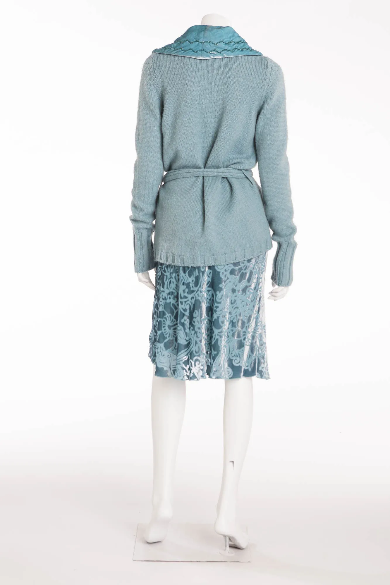 Blumarine - 2PC Aqua Knit Sweater with Belt and Sequin Skirt - IT 40