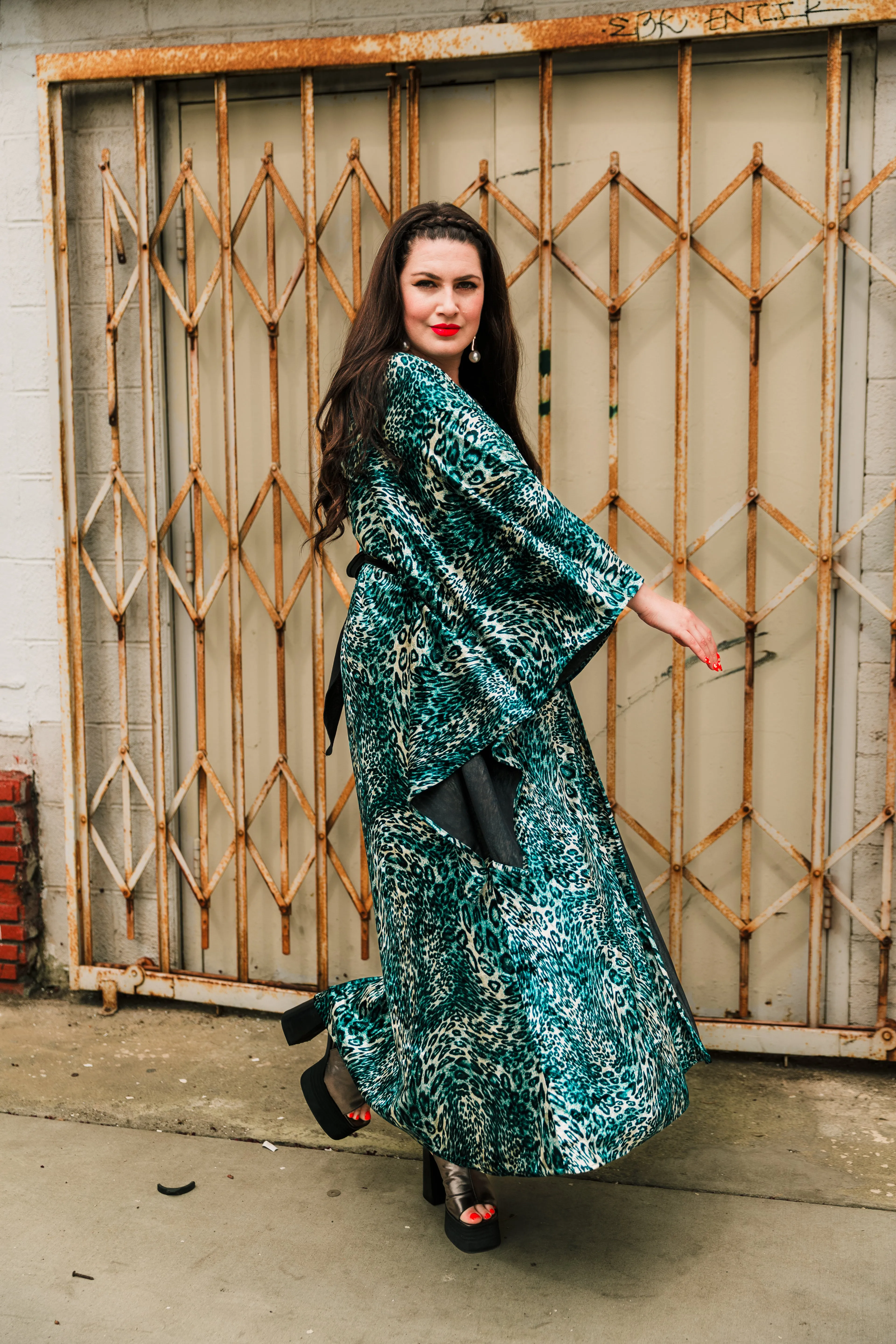 Bohémienne Kimono Robe “Turquoise Leopard Velvet"