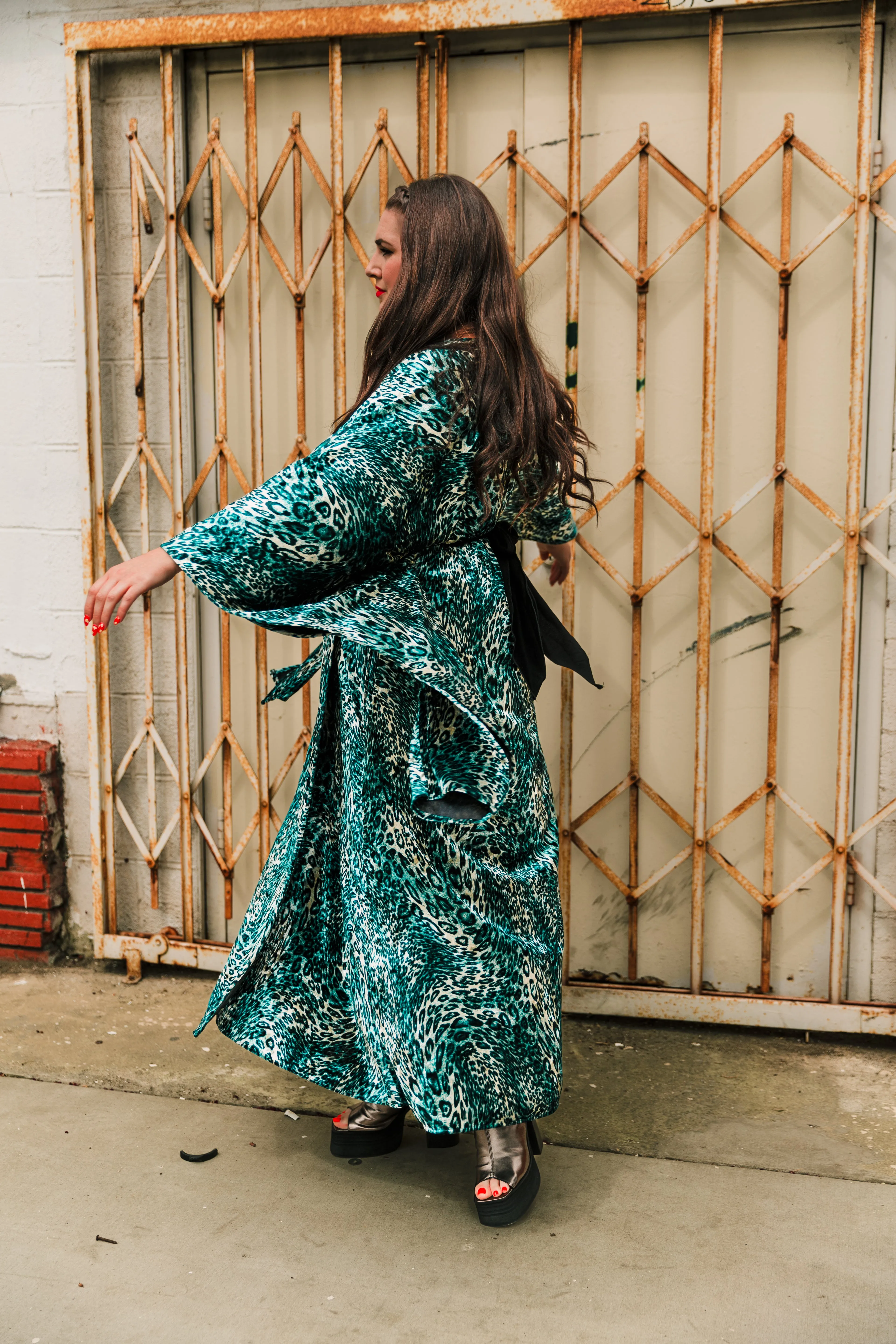 Bohémienne Kimono Robe “Turquoise Leopard Velvet"