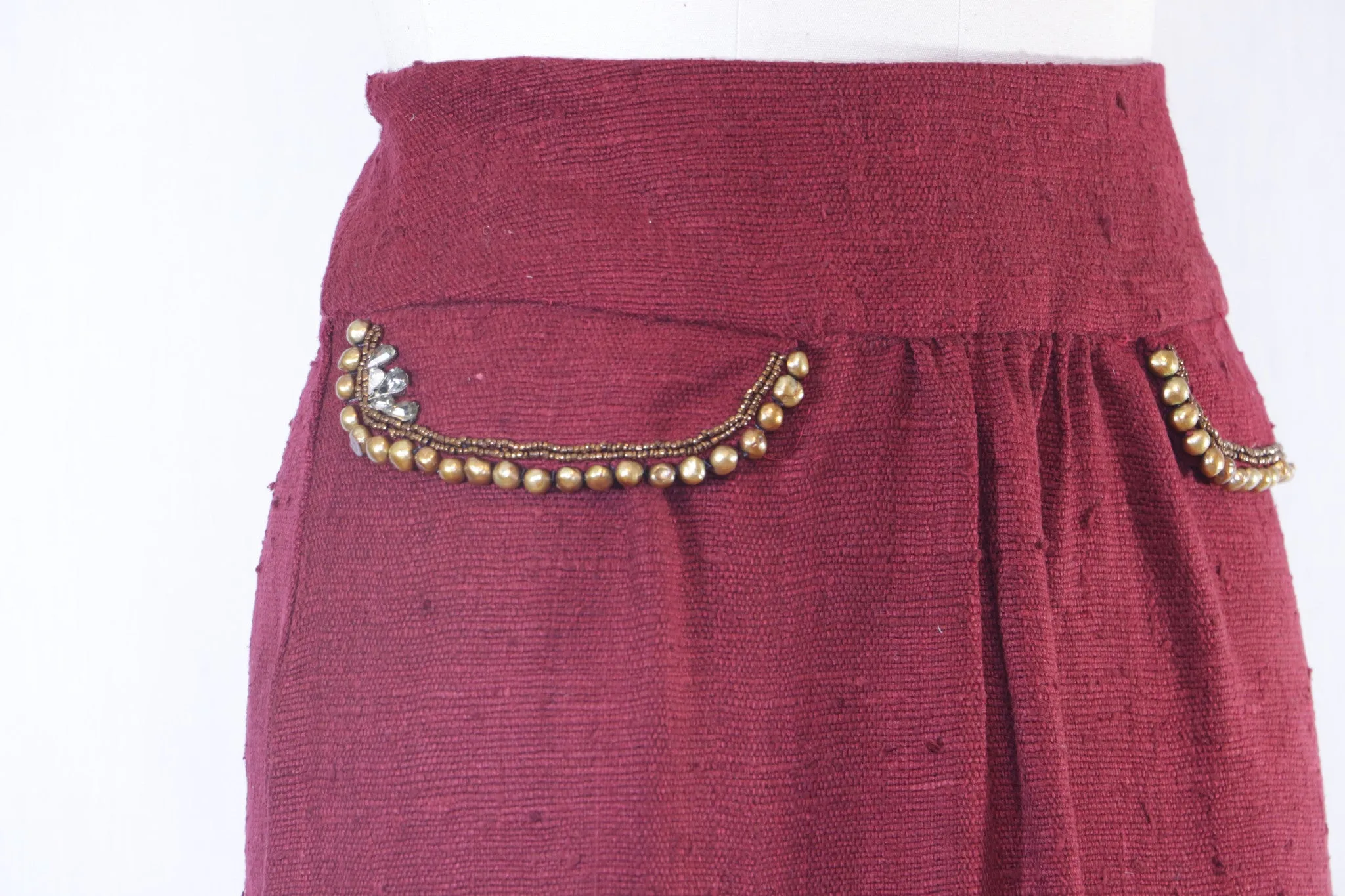 Burgundy Raw Silk Skirt with Beaded Flaps